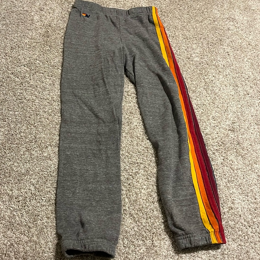 Aviator Nation grey sweatpants with colorful stripes down one leg.